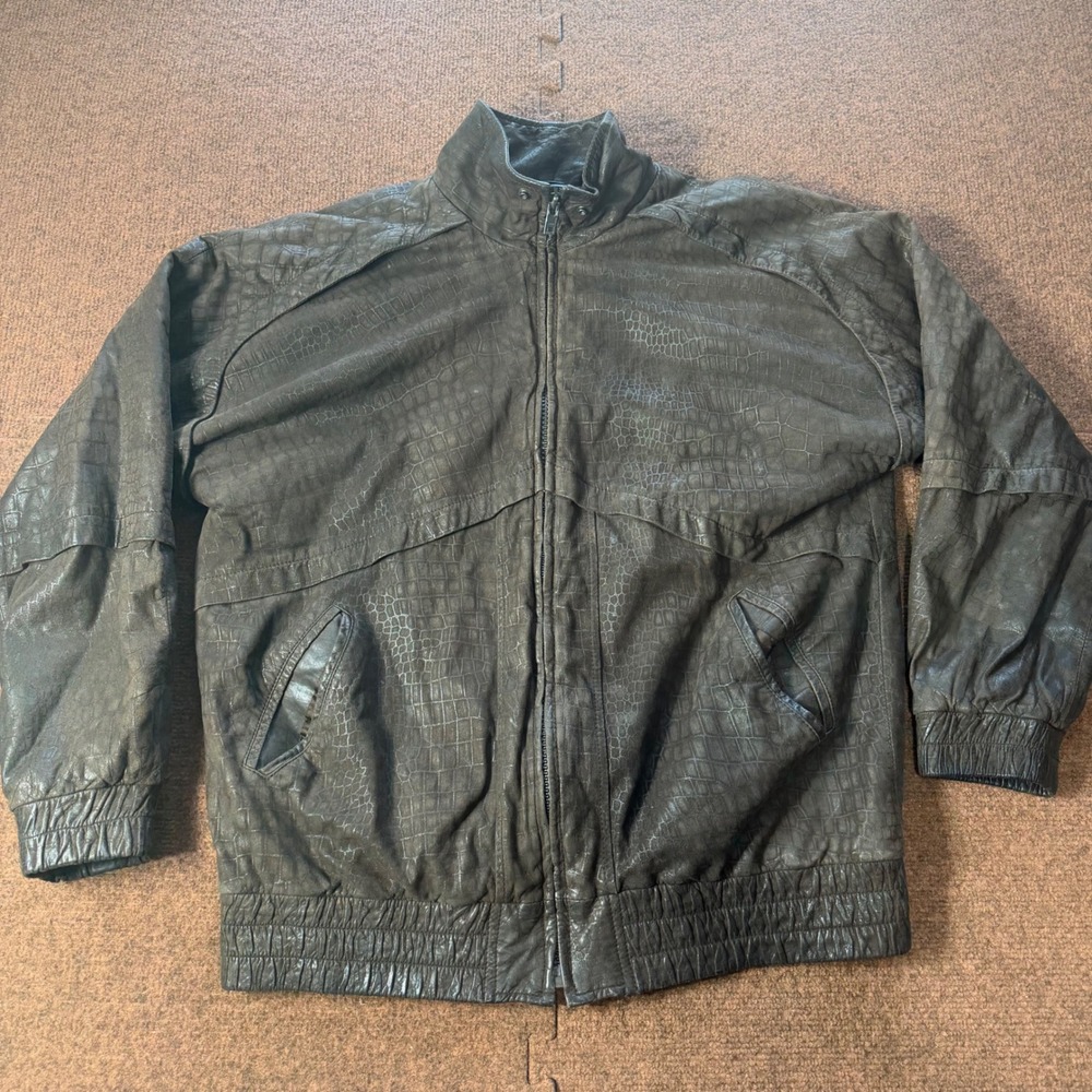 Vintage Mens Crocodile Embossed Leather Bomber Jacket Brown Grey Full Zip Size M
